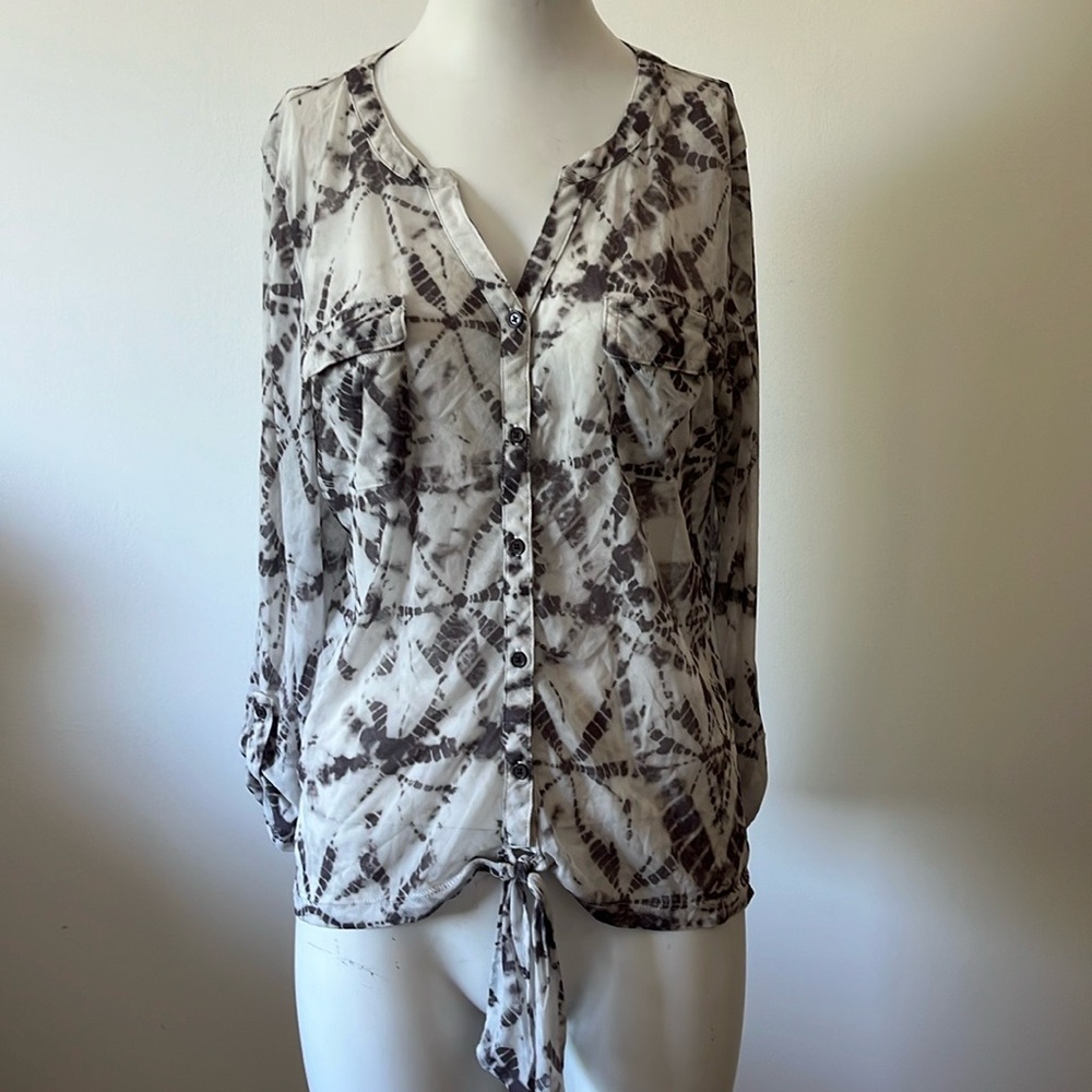 Chico's  Shibori Spot Tie Front Shirt Sheer Mesh Top Size 2